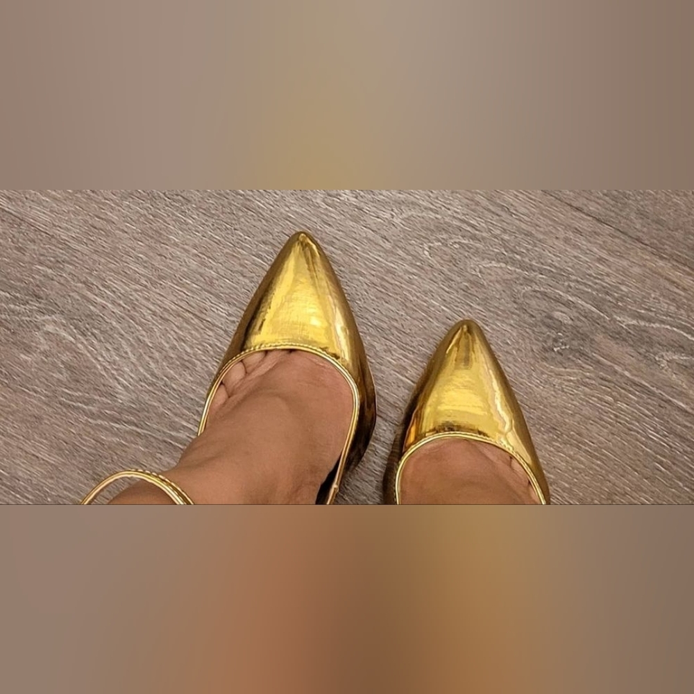 Gold, ankle strap heels - Picture 3 of 3